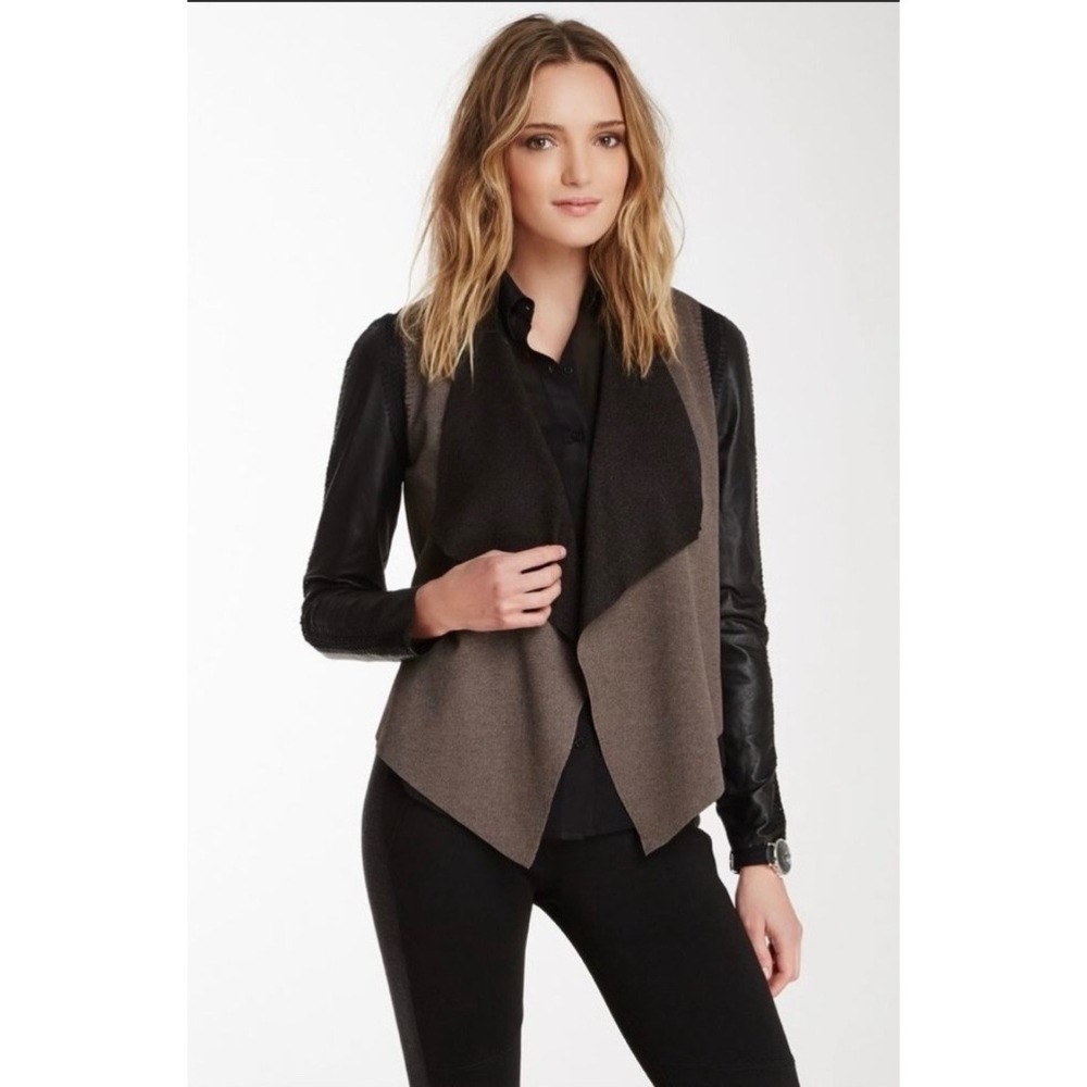 Stella & Jamie Grey Black Leather Sleeve Draped Open Front Cardigan Jacket M